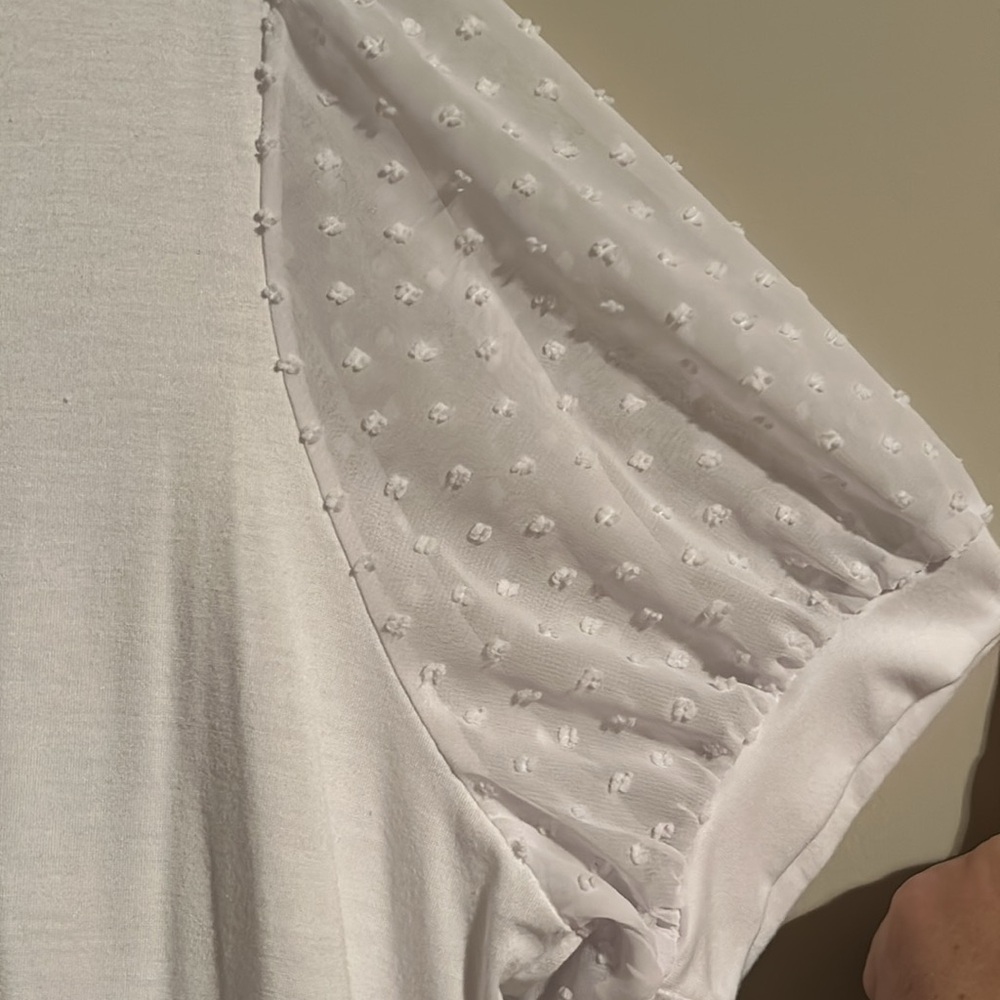 Elegant White Swiss Dot Puff Sleeve V Neck Top - Loose Casual Top - Picture 7 of 9
